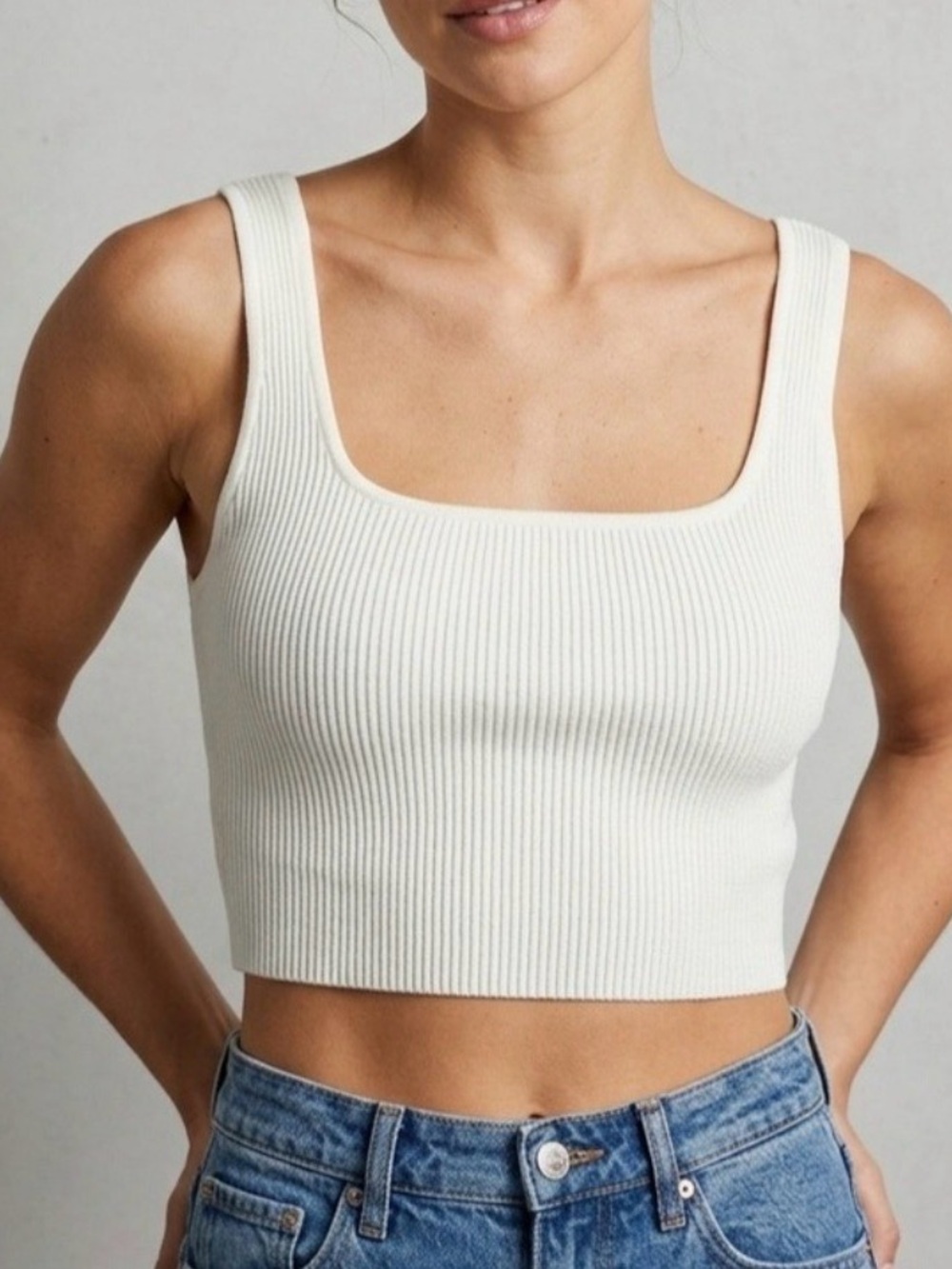 Ribbed Square-Neck Crop Tank — White